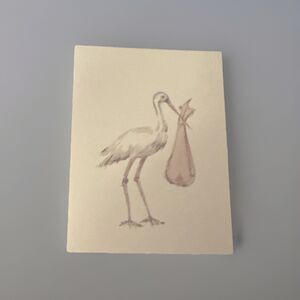 Vintage Oddballs Watercolor Ecru Notecards - Pink Stork - Baby Girl - 10 Pk